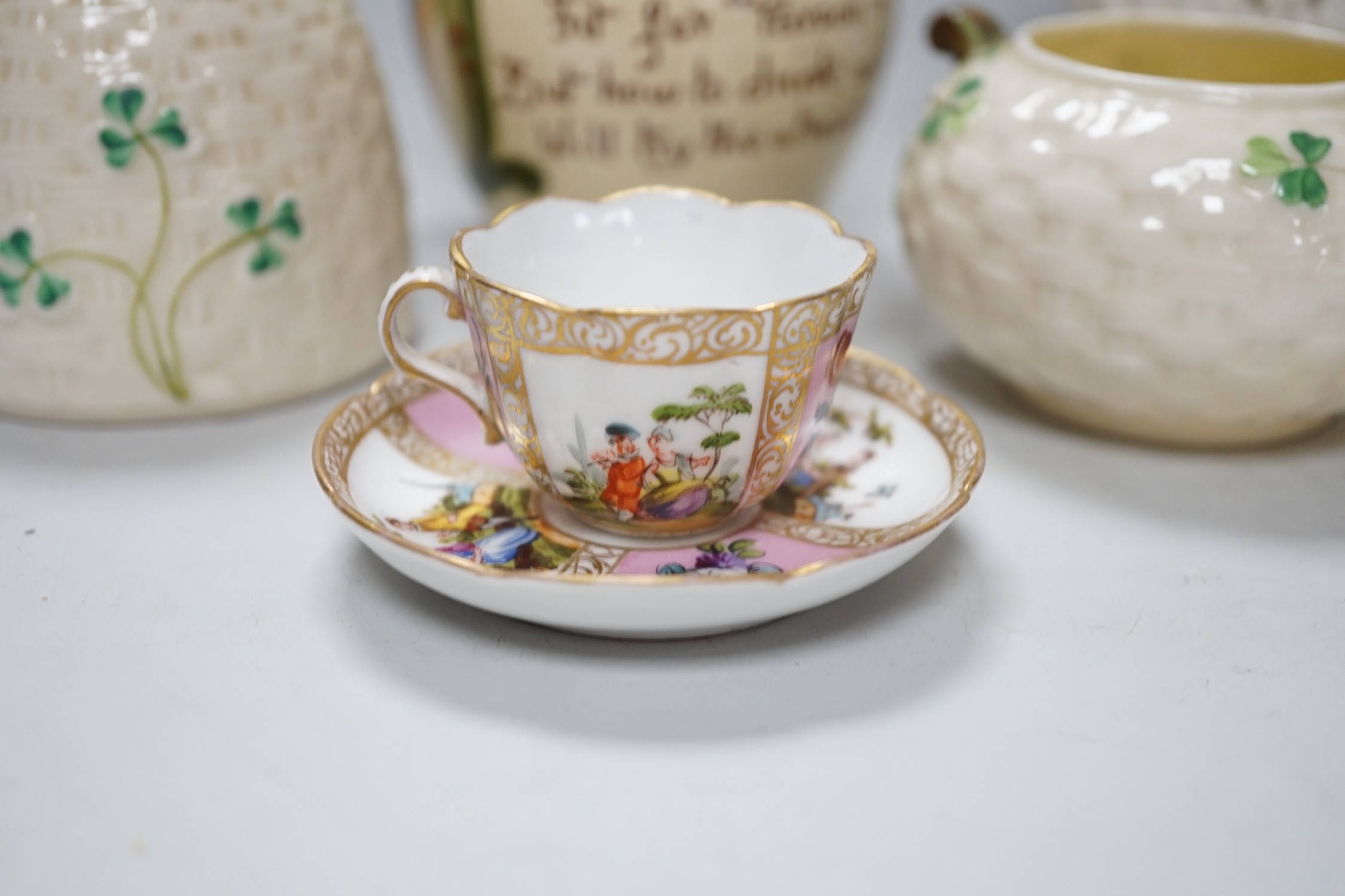 A Robinson and Leadbetter parian bust, two items of Belleek, an Aller Vale puzzle jug, a Helena Wolfsohn miniature cup and saucer etc., tallest 20cm (6)